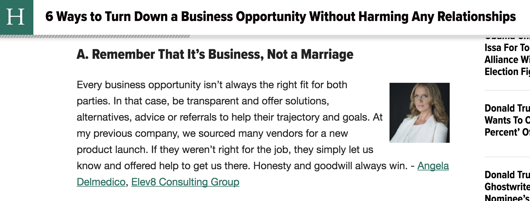 Huffington Post Angela Delmedico 6 Ways to Turn Down a Business Opportunity Without Harming Any Relationships